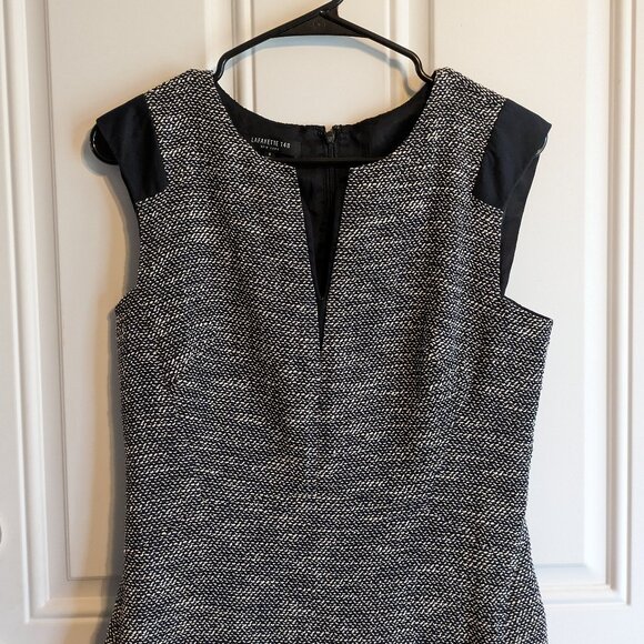 Lafayette 148 Navy Blue Sheath Dress Black White Textured Tweed Knit - Size 6 - Picture 4 of 14